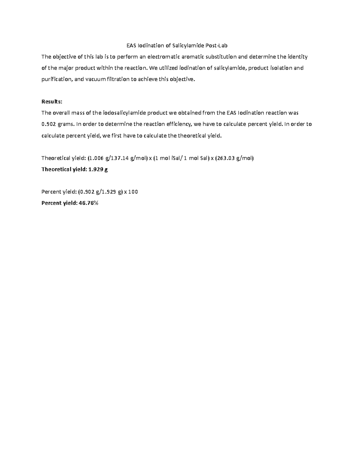 Experiment 6 EAS Iodination of Salicylamide - EAS Iodination of ...