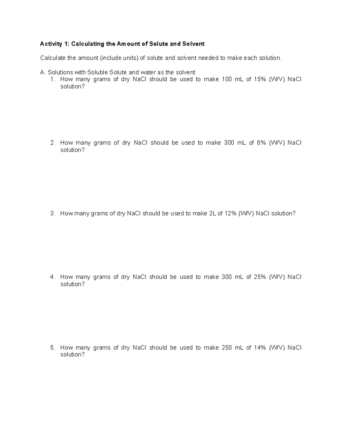 Activity 1 - Activity 1: Calculating the Amount of Solute and Solvent ...