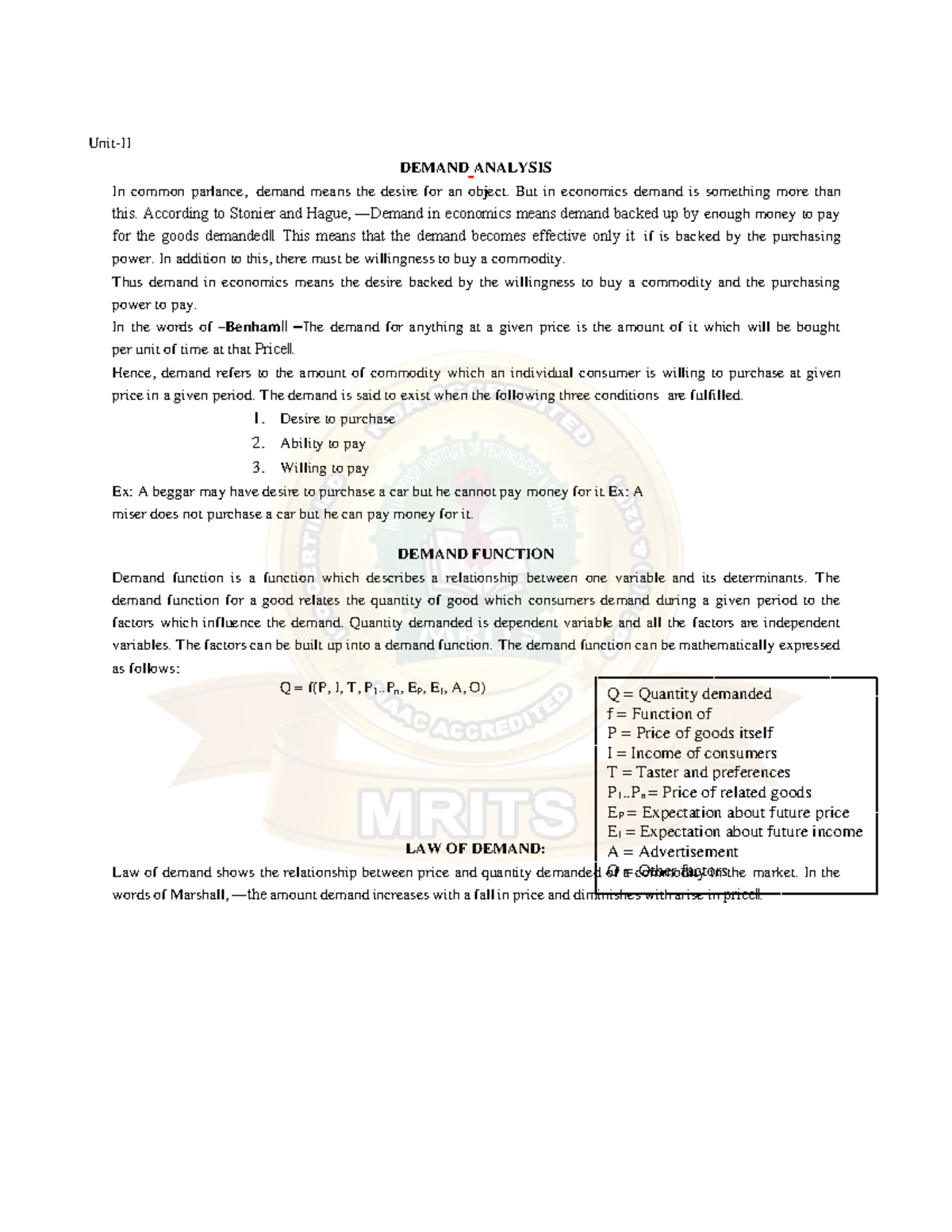 BEFA U2 - BEFA notes unit 2 mrcet JNTUH - Q = Quantity demanded f ...