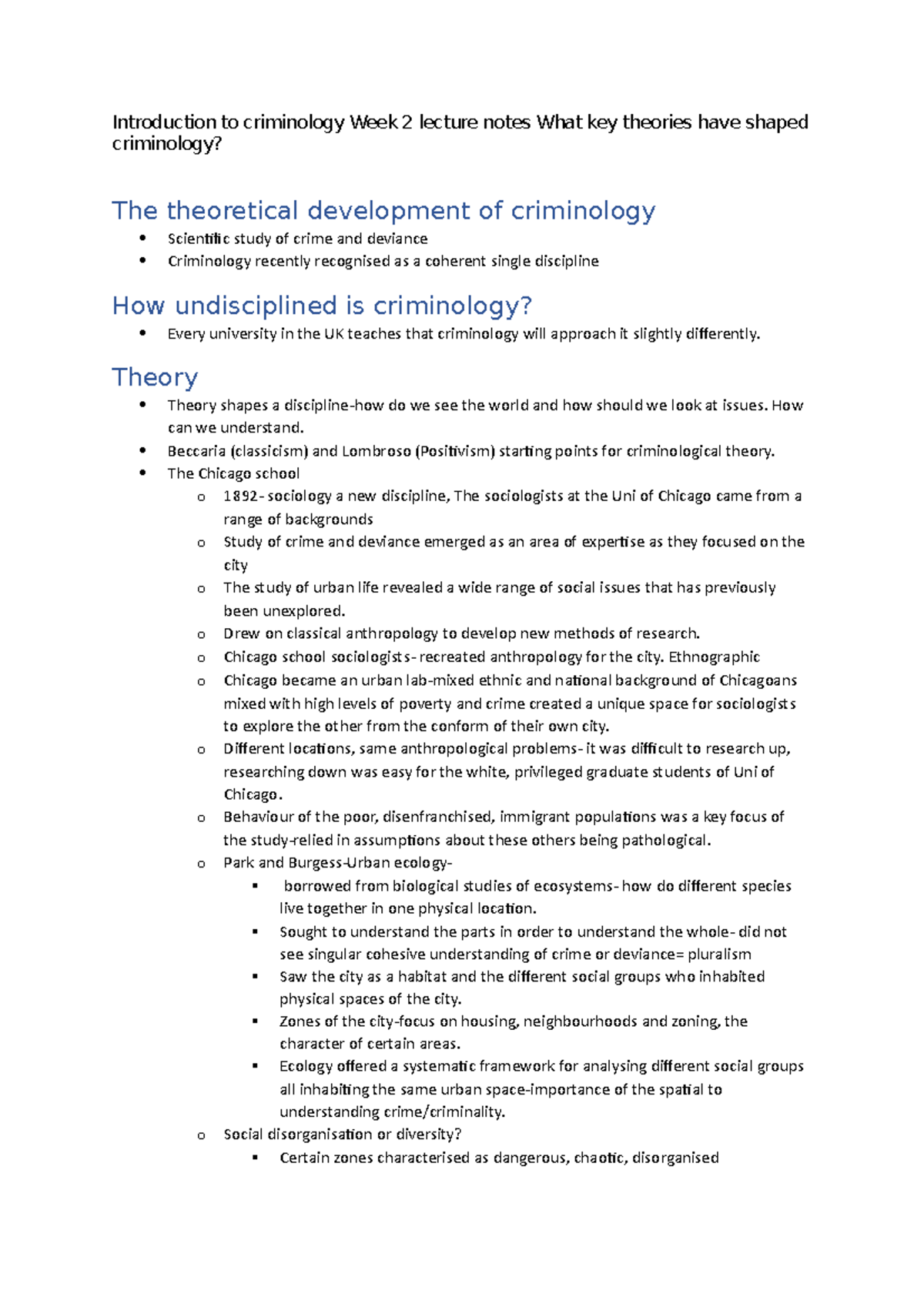 Introduction to criminology Week 2 lecture notes What key theories have ...