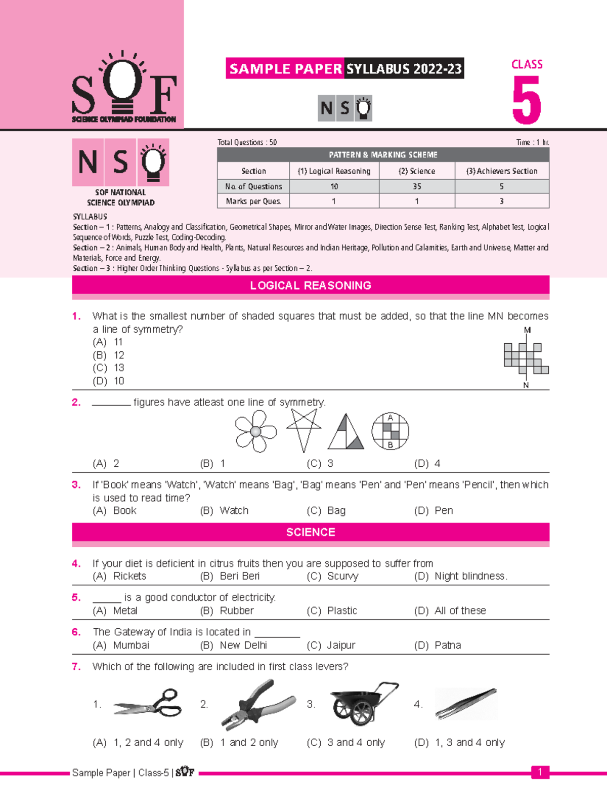 Nso sample paper class-5 - ####### Sample Paper | Class-5 | 1 LOGICAL ...