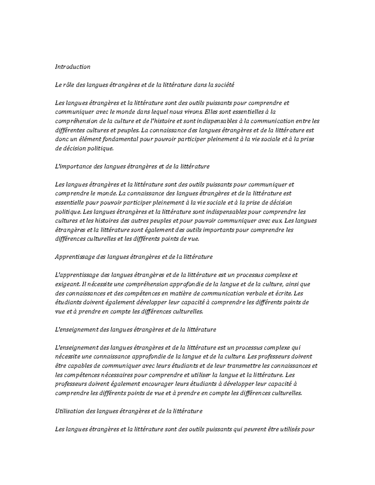 Foreign Languages and Literatures Study Notes Introduction Le rôle