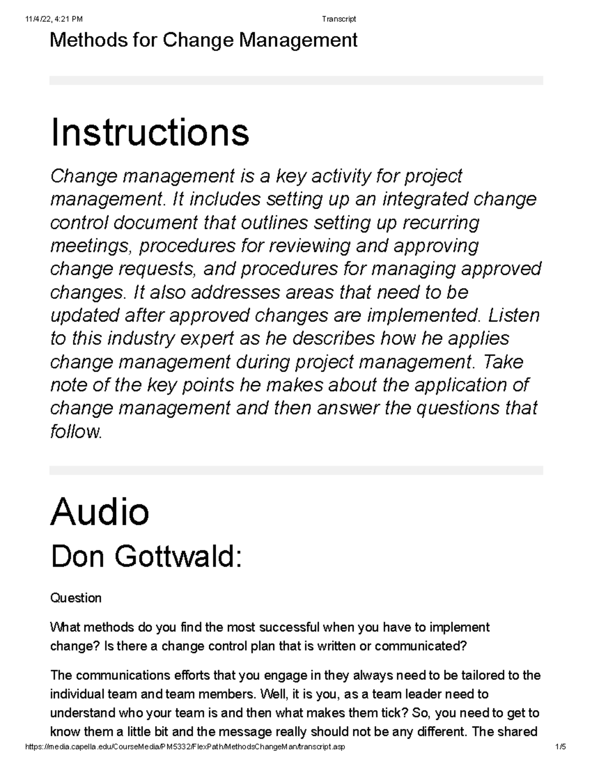 Activity Methods for Change Management - Transcript - Methods for ...