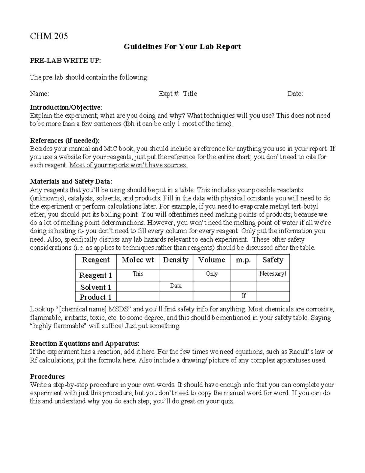 CHM205 Report Guidelines F24 - CHM 205 Guidelines For Your Lab Report ...