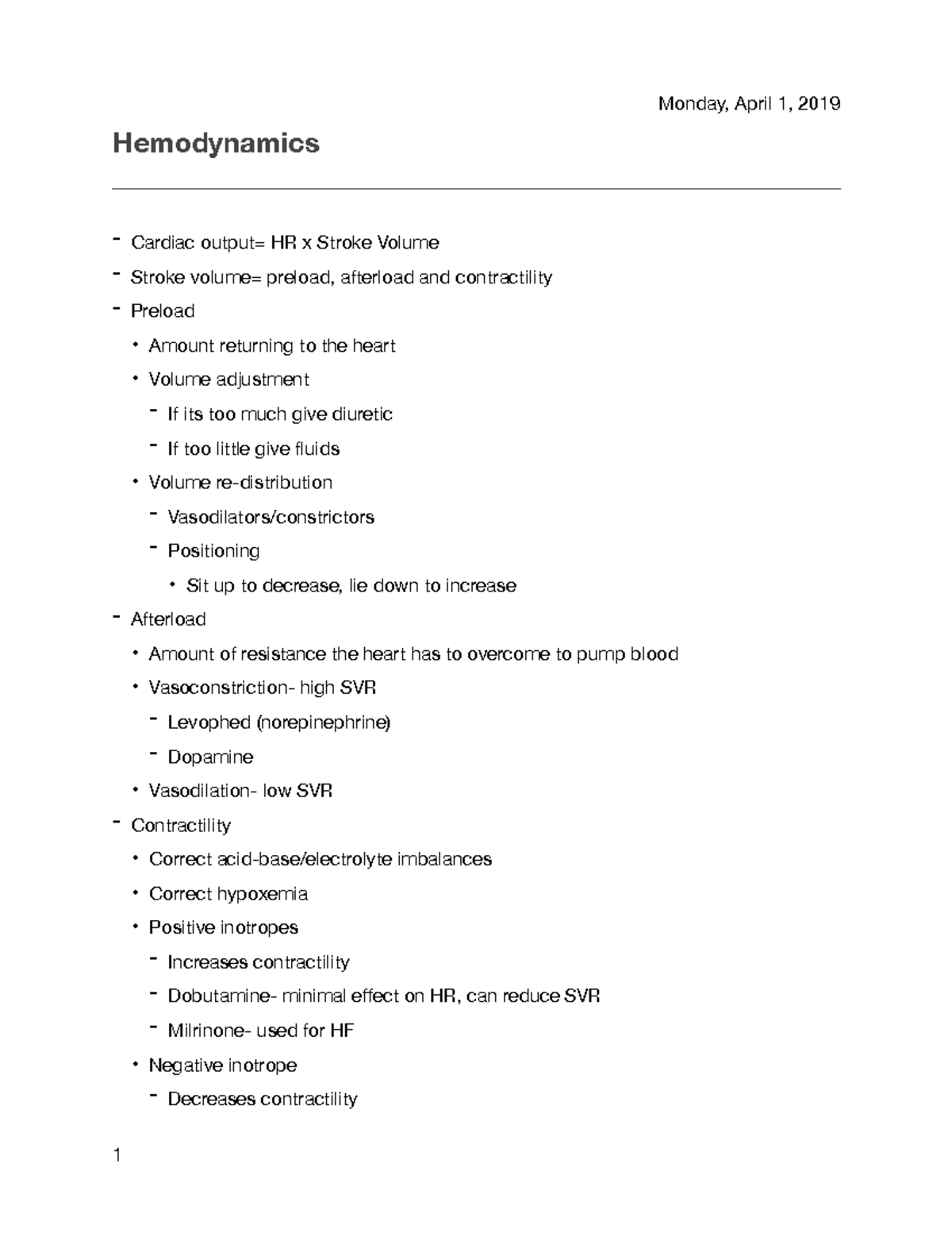 Hemodynamic Notes - Rickeard - Monday, April 1, 2019 Hemodynamics ...