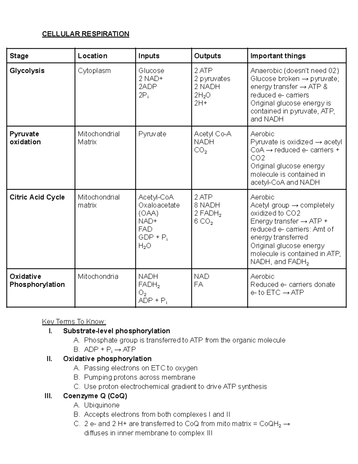 Cellular Respiration - &(//8/$5 5(63,5$7, 6WDJH /RFDWLRQ ,QSXWV 2XWSXWV ...