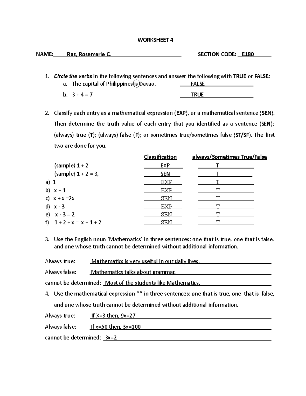 Worksheet 4 - 2.Classify each entry as a mathematical expression (EXP ...