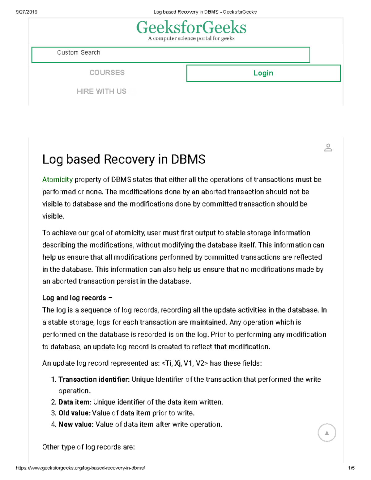 Log based recovery in dbms geeksfor geeks log based recovery in