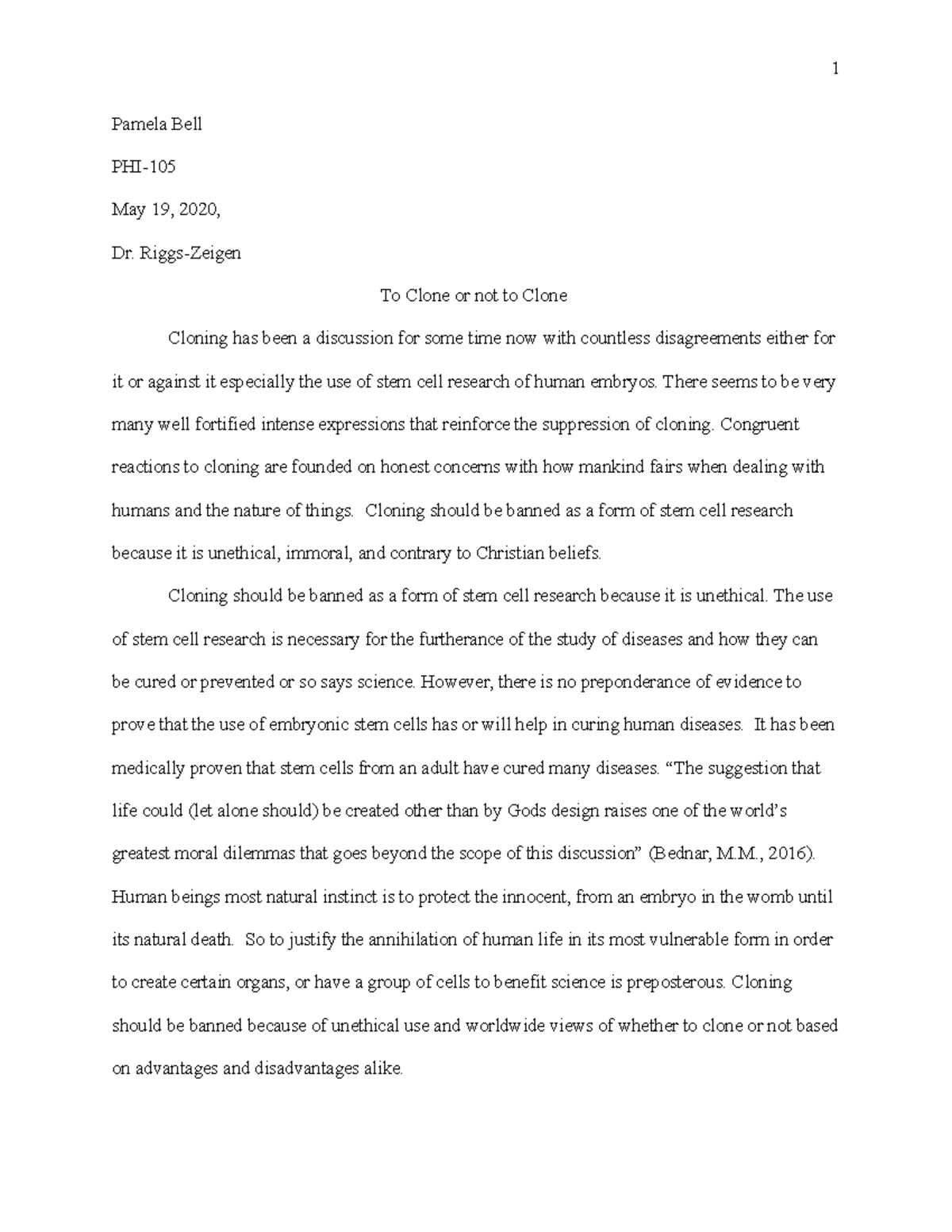 Final Draft of Persuasive Essay on Cloning - Pamela Bell PHI- May 19 ...