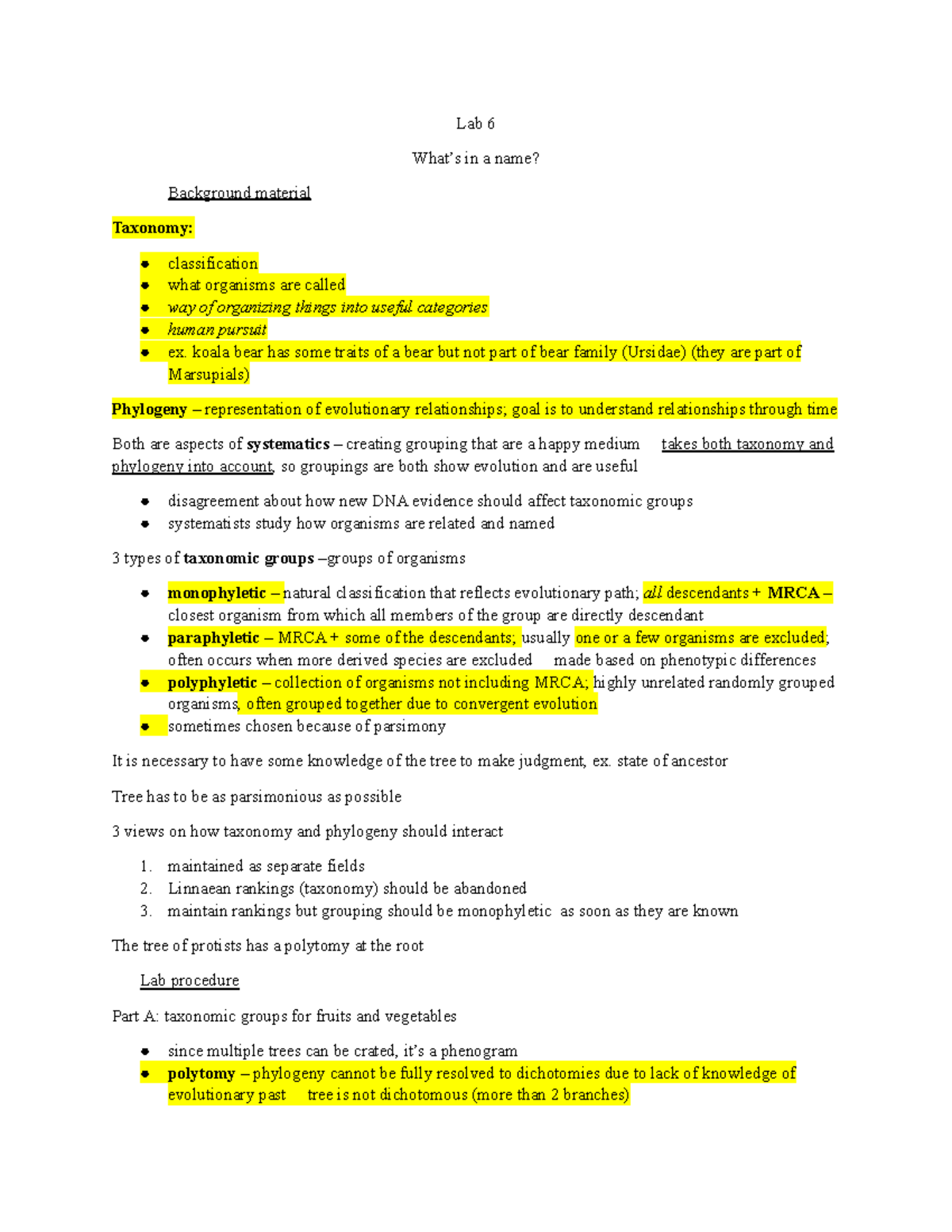 Lab 6 BIO 200 Evolutionary Biology Taxonomy Lab 8. University at