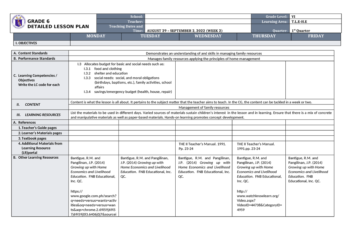 DLL TLE-HE 6 Q1 W2 - Test - GRADE 6 DETAILED LESSON PLAN School: Grade ...