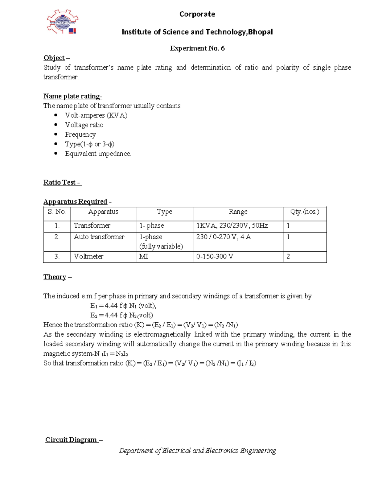 Transformer - Practicals - Institute of Science and Technology,Bhopal ...