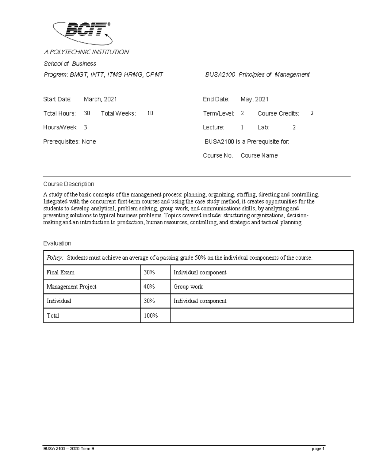 Busa 2100 Course Outline Term B 2021 - BUSA 2100 – 2020 Term B page 1 ...