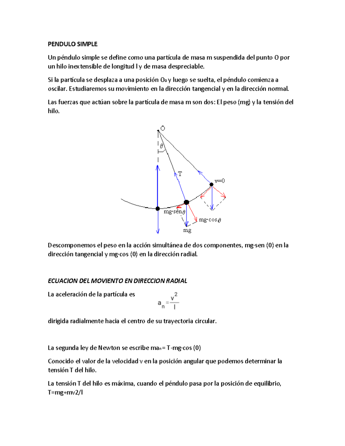 MT Pendulo simple - PENDULO SIMPLE Un péndulo simple se define como una ...