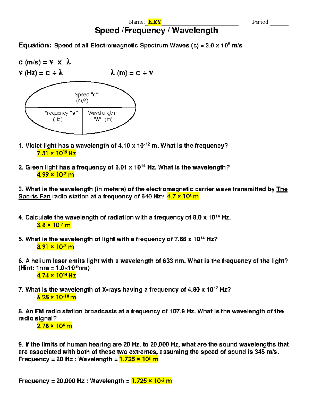 Wavelength Frequency and Enegy Problems KEY - Name:_ KEY Period:______ -  Studocu