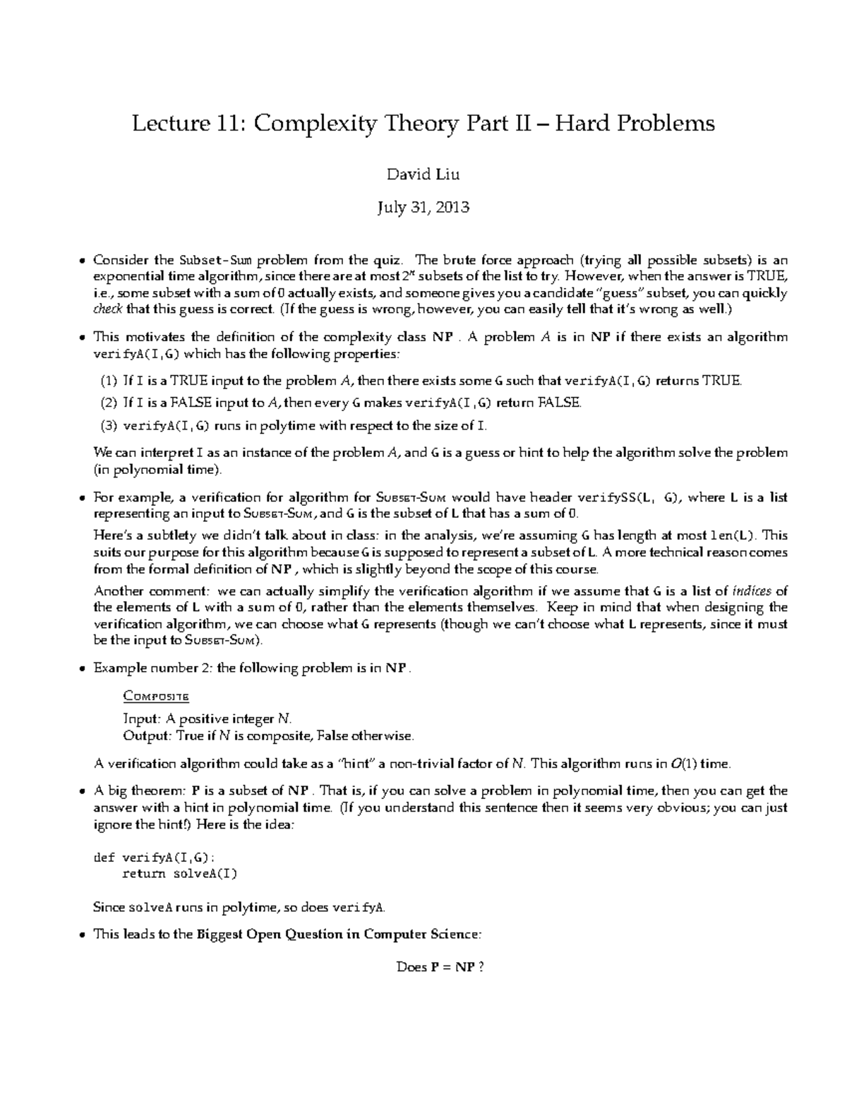 Lec11 notes - David - Lecture 11: Complexity Theory Part II – Hard ...
