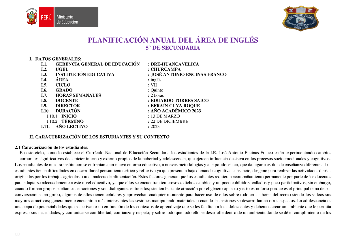 5° PLAN Curricular Anual Inglés - PLANIFICACIÓN ANUAL DEL ÁREA DE ...