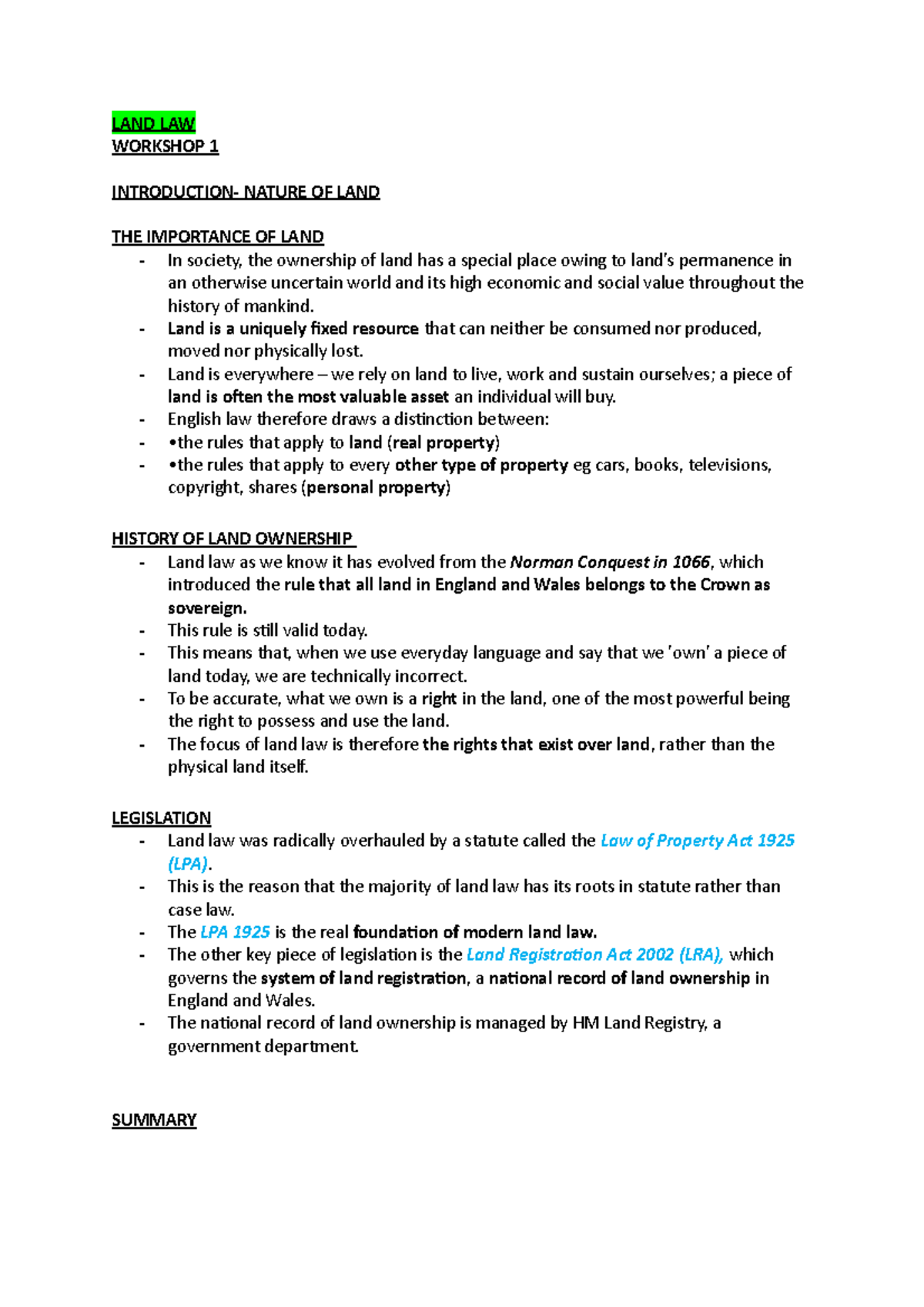 Introduction- Nature OF LAND - LAND LAW WORKSHOP 1 INTRODUCTION- NATURE ...
