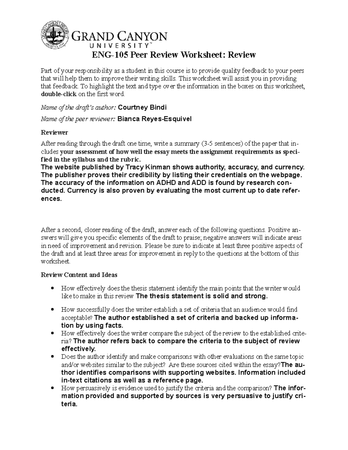 ENG105 Review Peer Review Worksheet ONL - ENG-105 Peer Review Worksheet ...