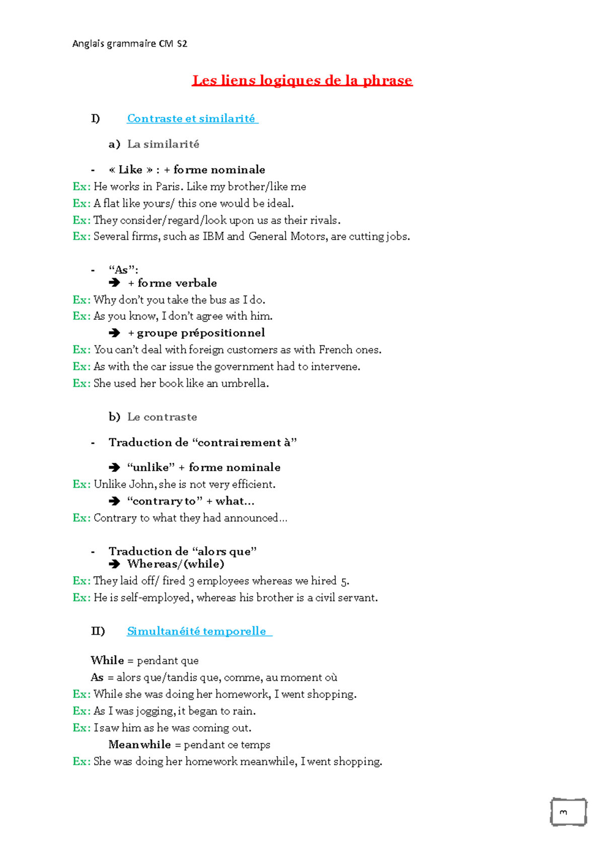 Cm Anglais Gram S2 Complet Anglais Grammaire Cm S2 Les Liens Logiques De La Phrase I Contraste Et Studocu