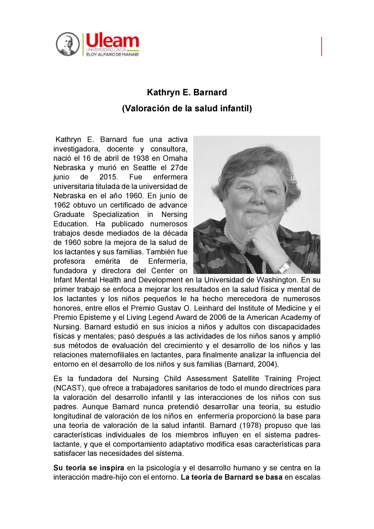 Clase XII kathryn E. Barnard - Kathryn E. Barnard (Valoración de la salud  infantil) Kathryn E. - Studocu