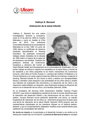 Clase XII kathryn E. Barnard - Kathryn E. Barnard (Valoración de la salud  infantil) Kathryn E. - Studocu