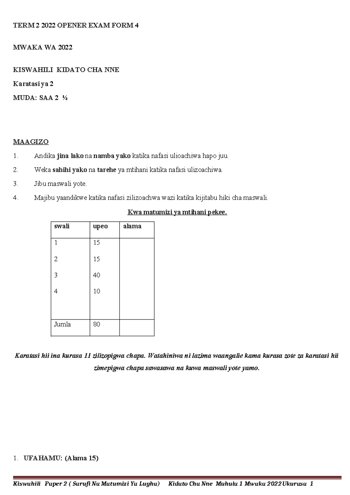 Kiswahili-PP2-QSN-F4-T2- Teacher CO KE - TERM 2 2022 OPENER EXAM FORM 4 ...