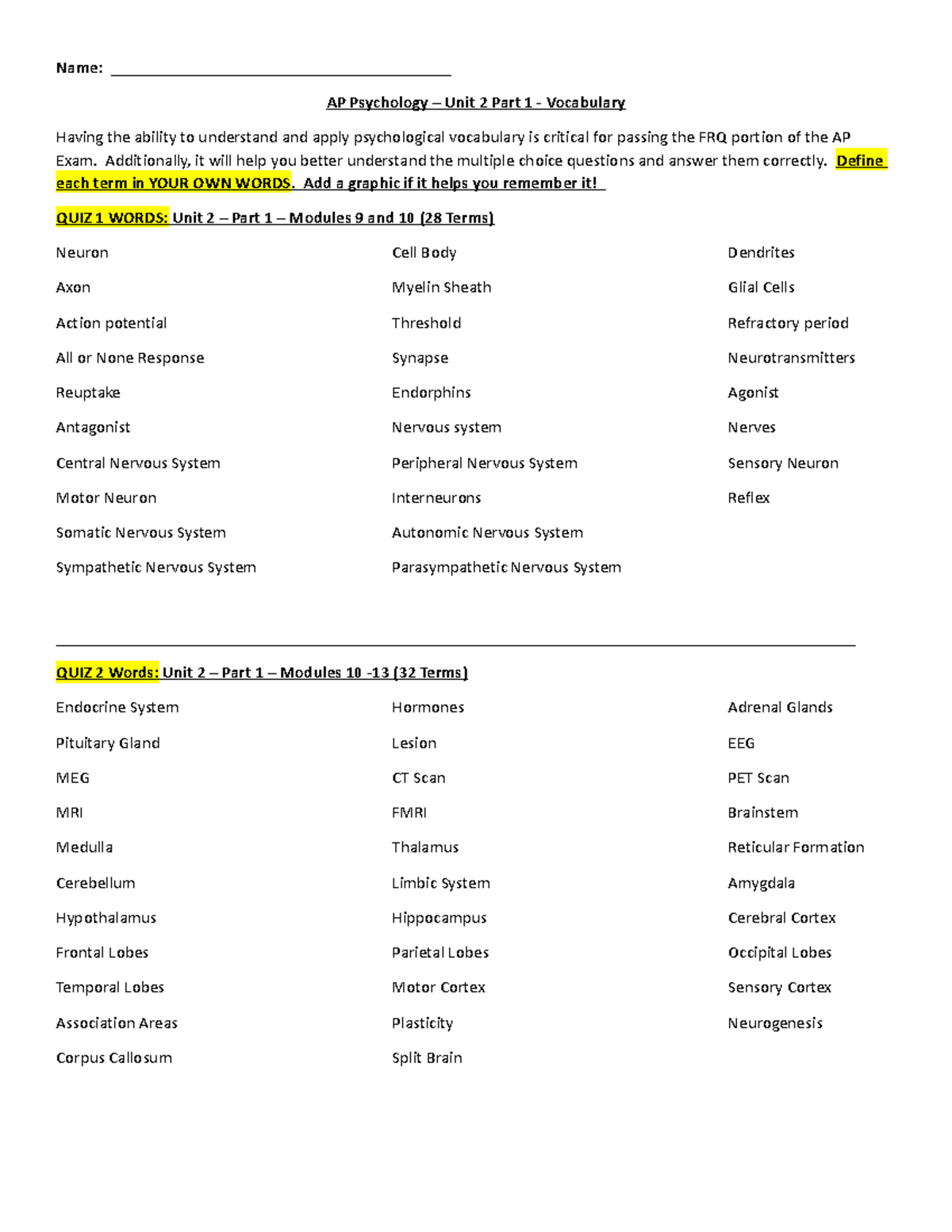 Unit 2 Parts 1 And 2 Vocab Words - Name ...