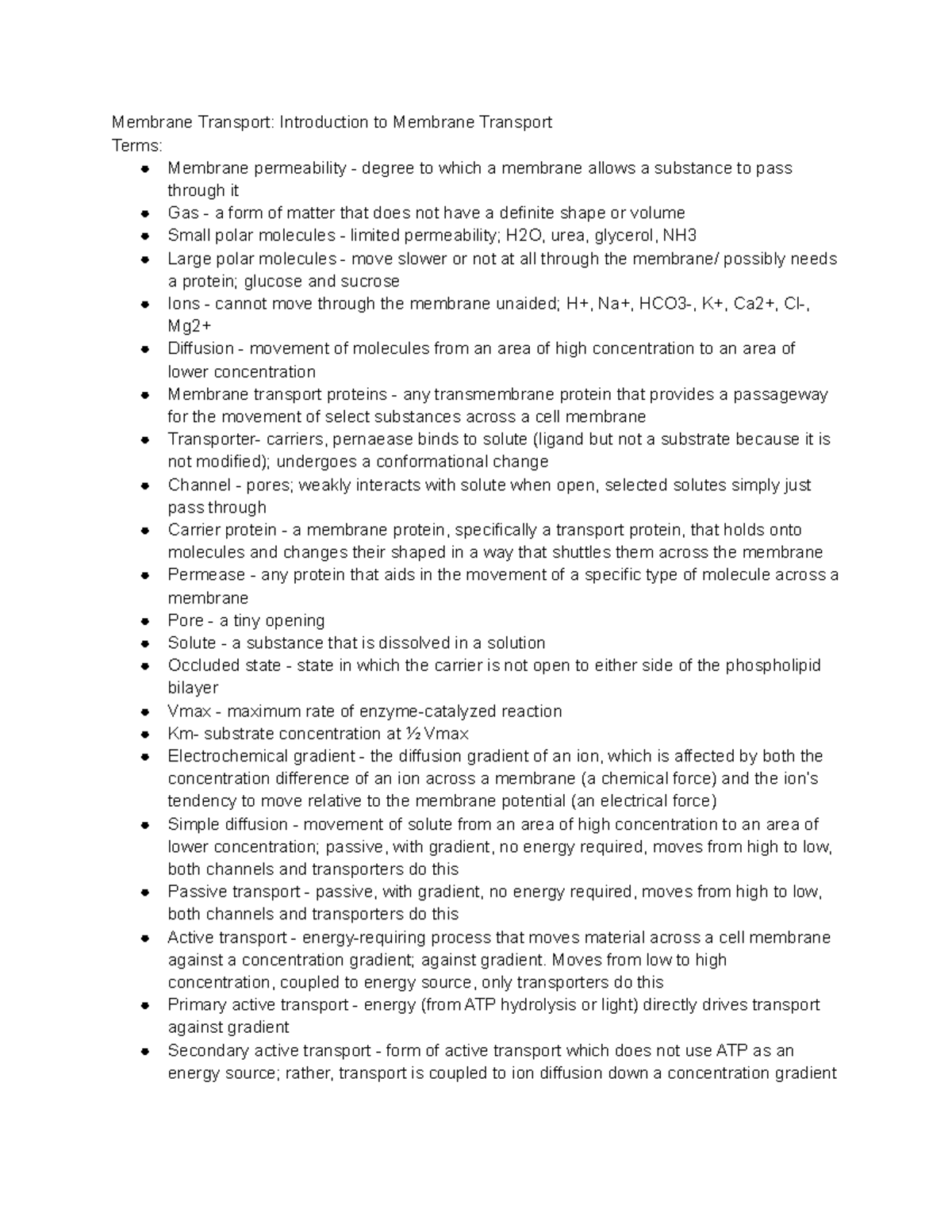 BIOL 445 Membrane Transport Review Sheet - Membrane Transport ...