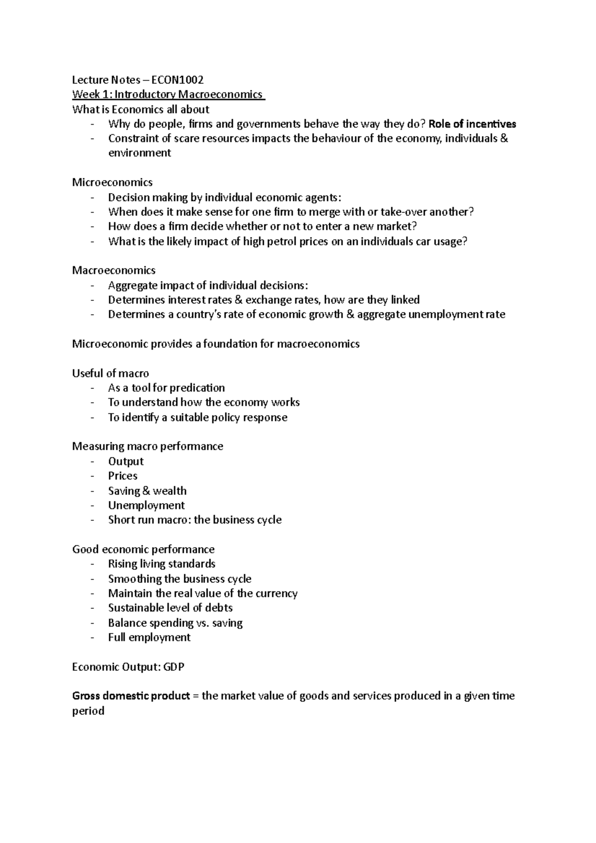 Lecture Notes - ECON1002 - Lecture Notes – ECON Week 1: Introductory ...