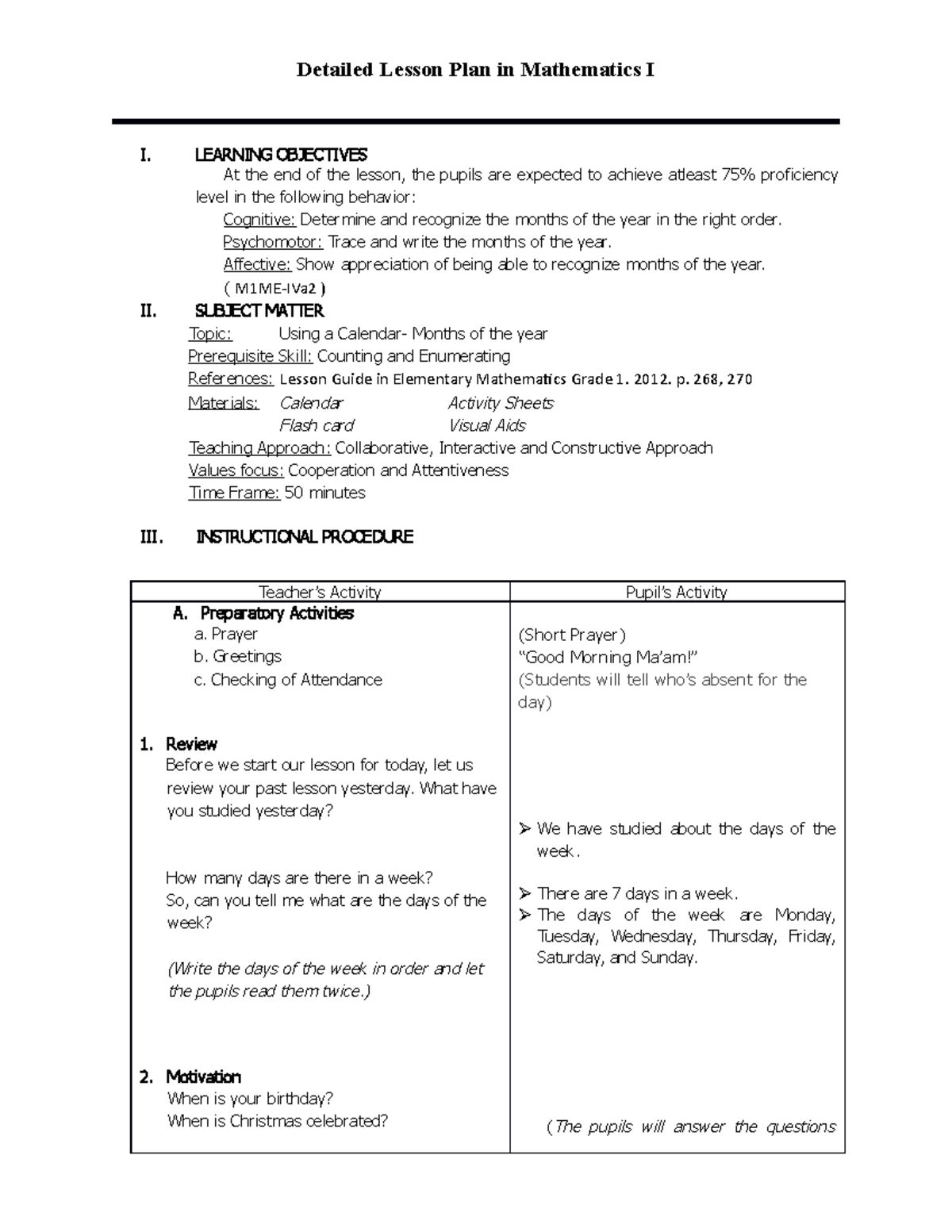 Detailed Lesson Plan Demo Detailed Lesson Plan In Mathematics I I