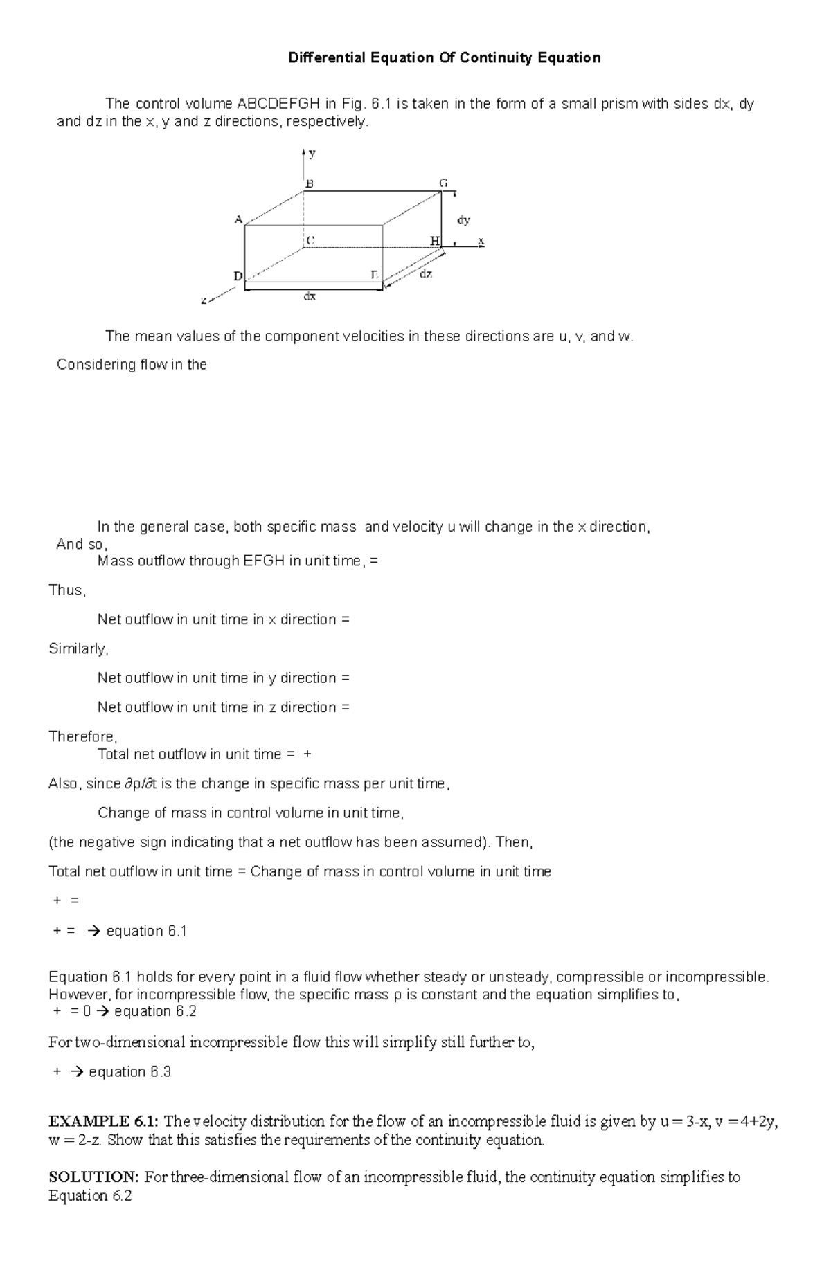Differential Equation Of Continuity Equation - 6 is taken in the form ...