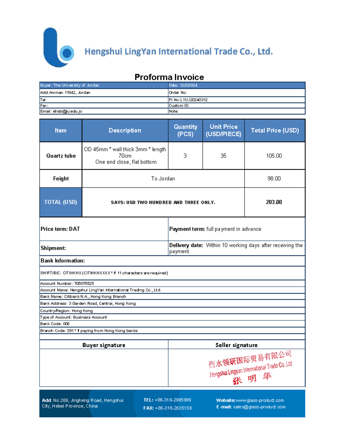 PI LYUJ20240312 - kote - Proforma Invoice Buyer: The University of ...