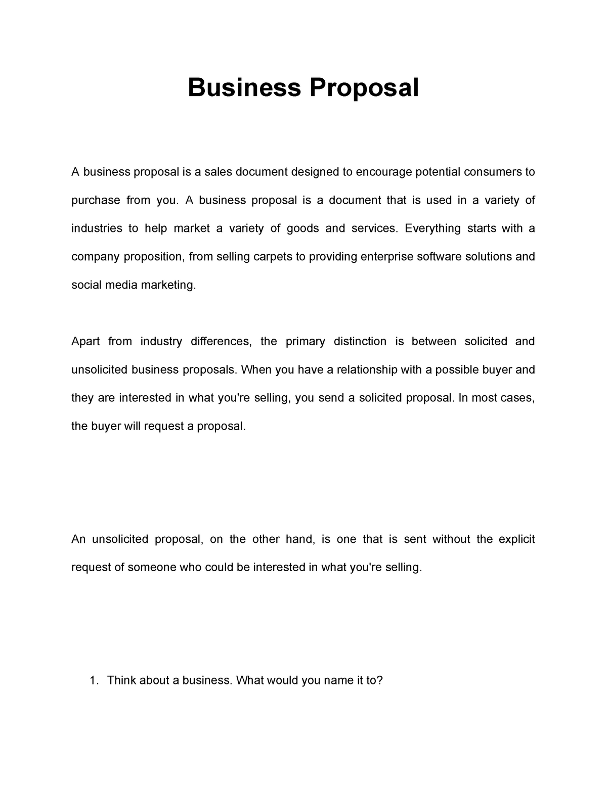 proposed name of the business example business plan