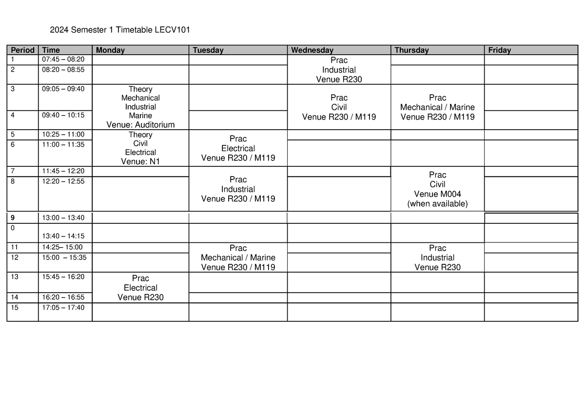 LECV101 Timetable Sem1 2024 - 2024 Semester 1 Timetable LECV Period ...