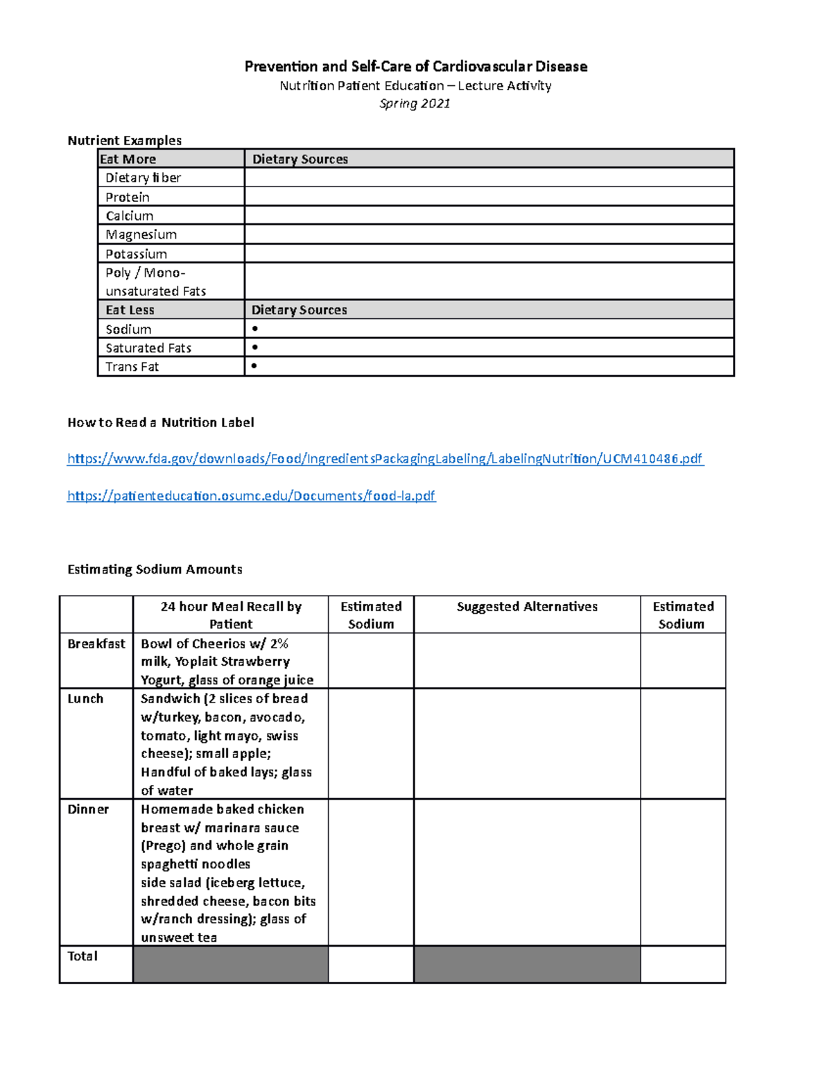 Nutrition Patient Education Lecture Activity Student Version ...