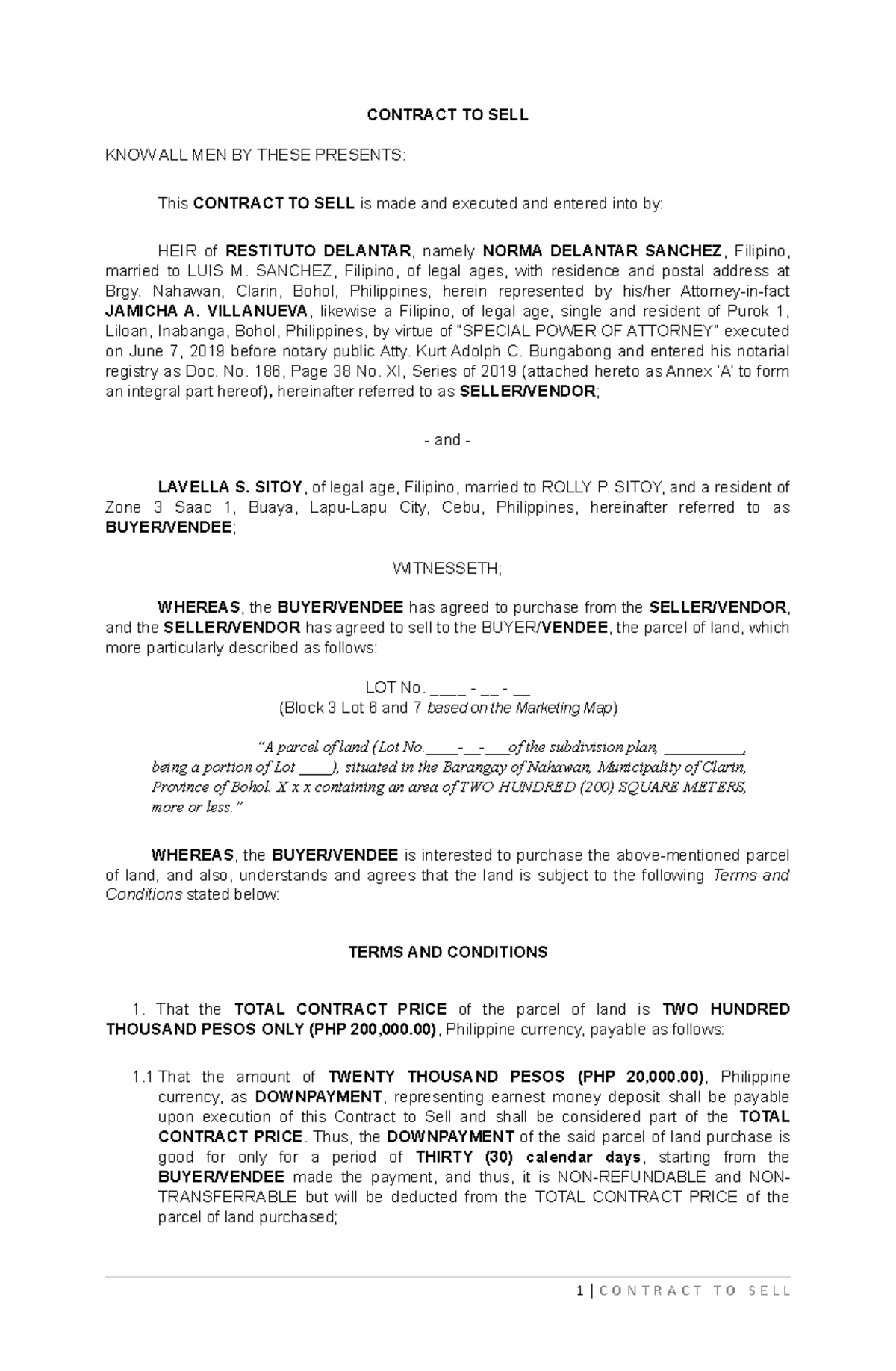 Contract TO SELL - block 3 Lot 6 and 7 - CONTRACT TO SELL KNOW ALL MEN ...