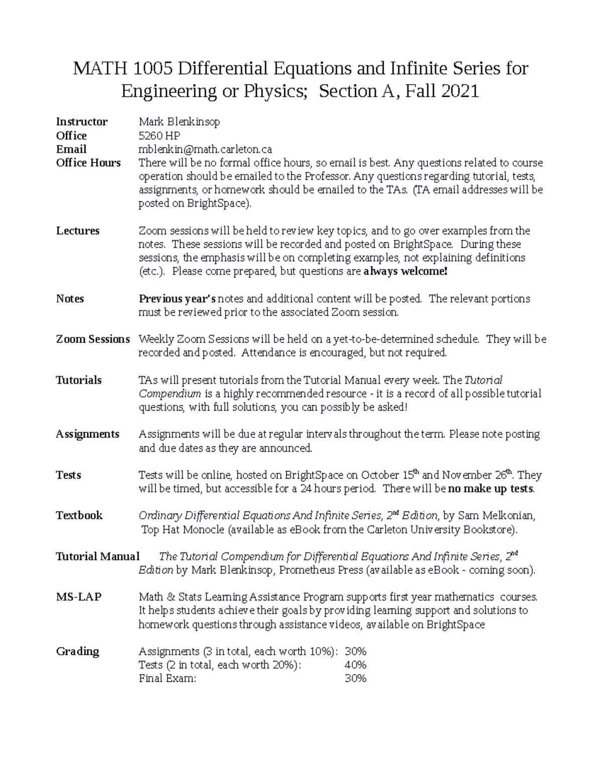 Outline for MATH 1005A (Fall 2021) - MATH 1005 Differential Equations ...