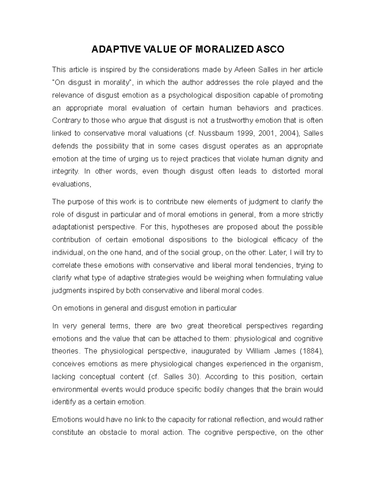 Adaptive Value OF Moralized ADAPTIVE VALUE OF MORALIZED ASCO This