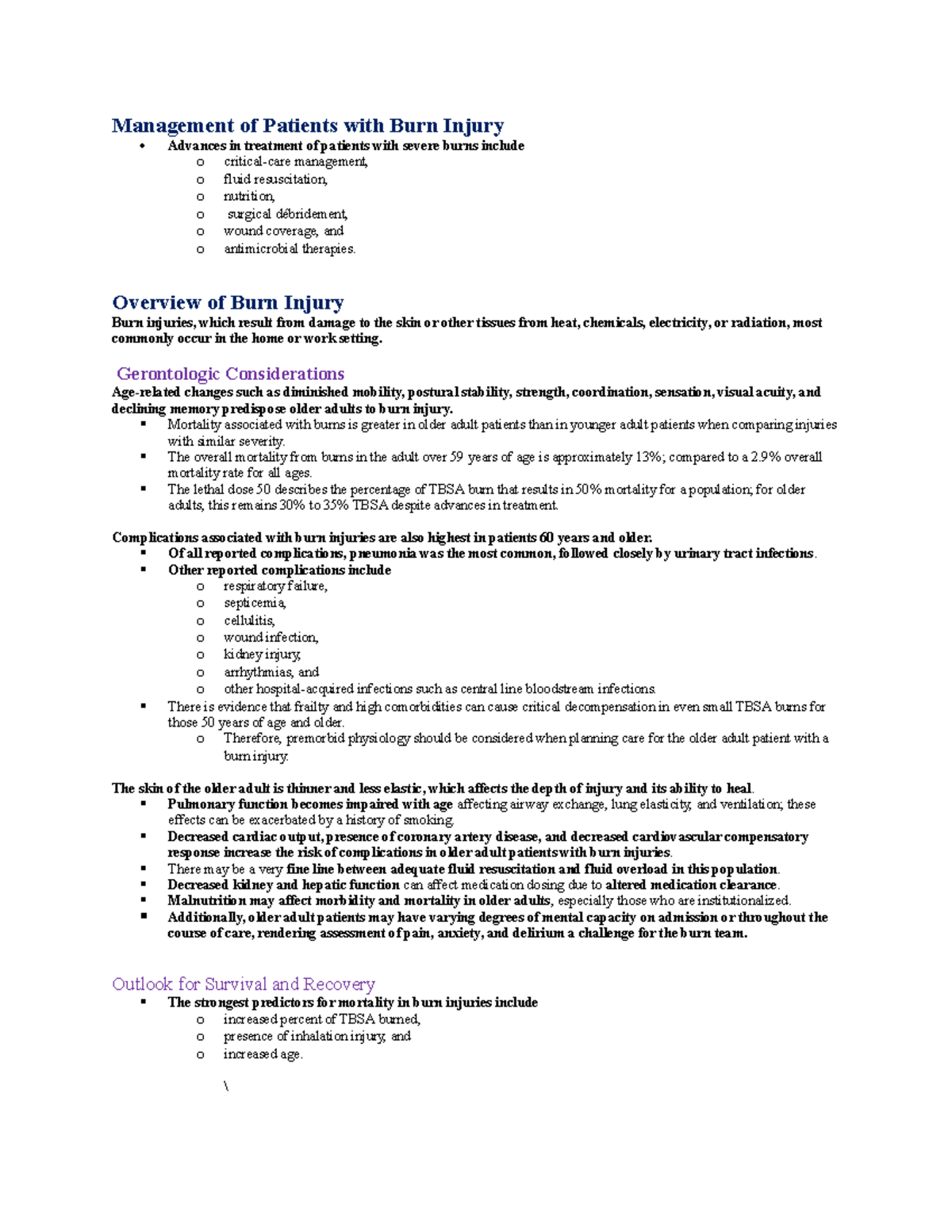 Burns notes Management of Patients with Burn Injury Advances in