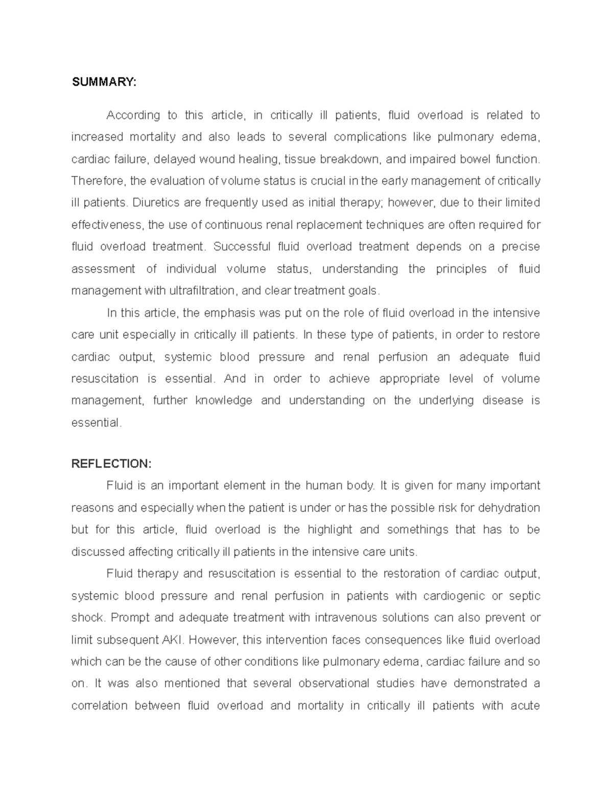 Fluid overload in the ICU evaluation and management SUMMARY