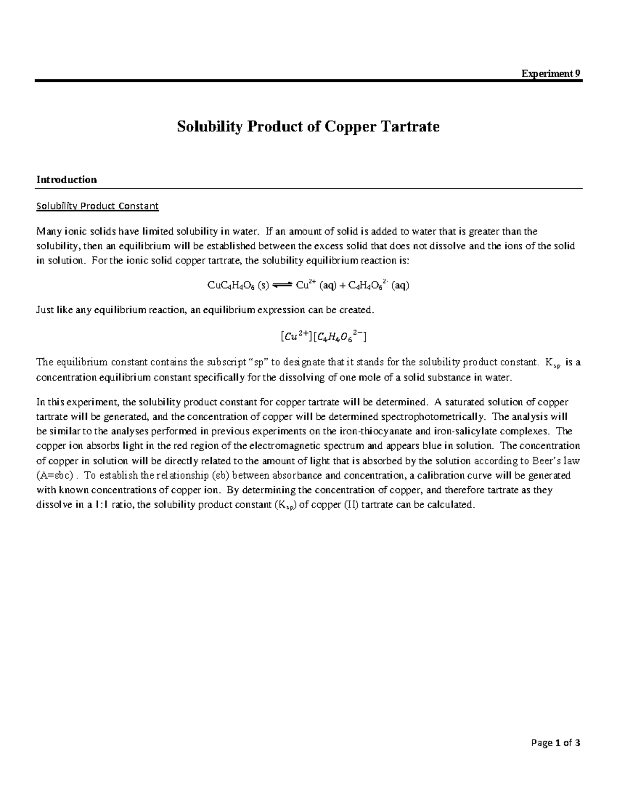 Exp. 9 Solubility Product of Copper(II) tartrate Page 1 of 3