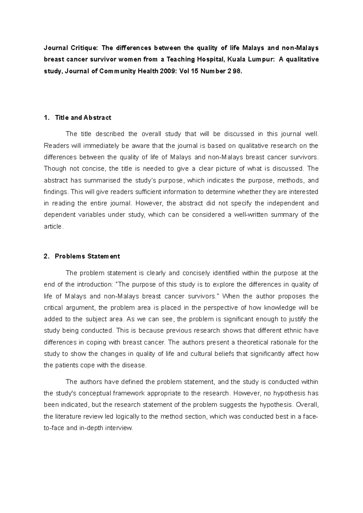 Journal Critique - Title and Abstract The title described the overall ...