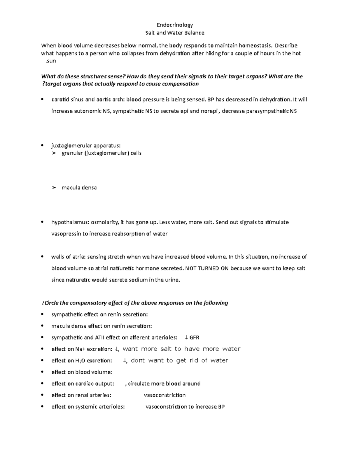 Endocrine- Dehydration worksheet - Endocrinology Salt and Water Balance ...