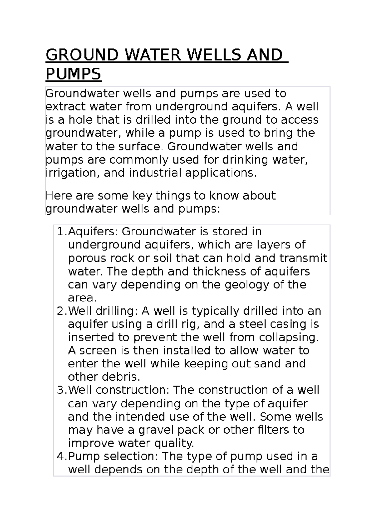 Ground Water Wells AND Pumps GROUND WATER WELLS AND PUMPS Groundwater