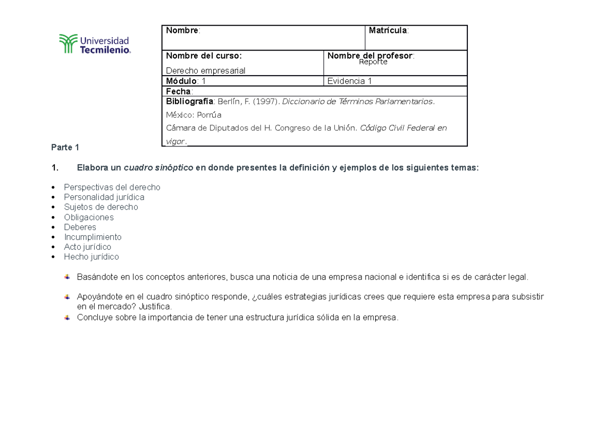 Evidencia Derecho Empresarial Reporte Parte Elabora Un Cuadro