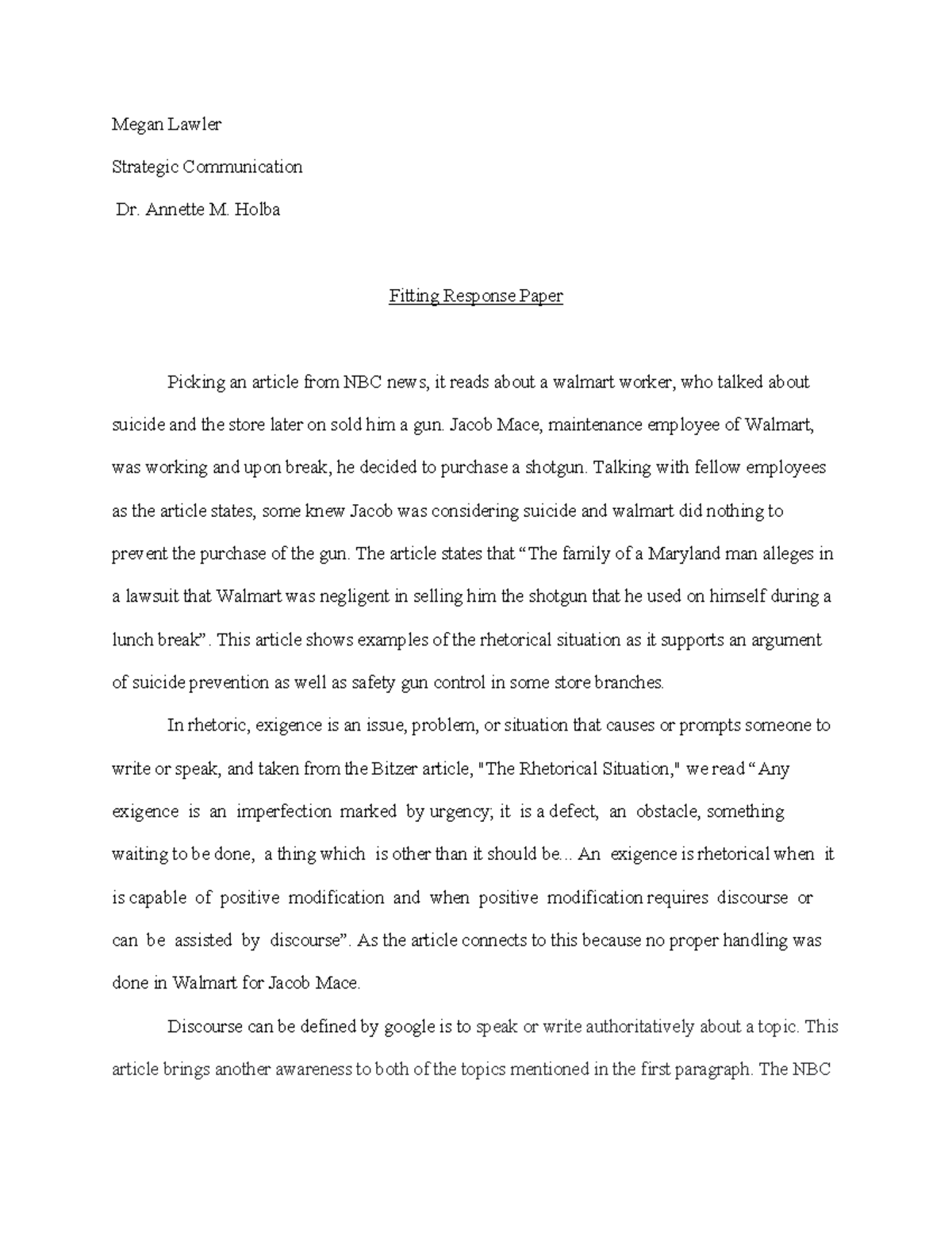 Fitting Response Paper Megan Lawler Strategic Communication Dr