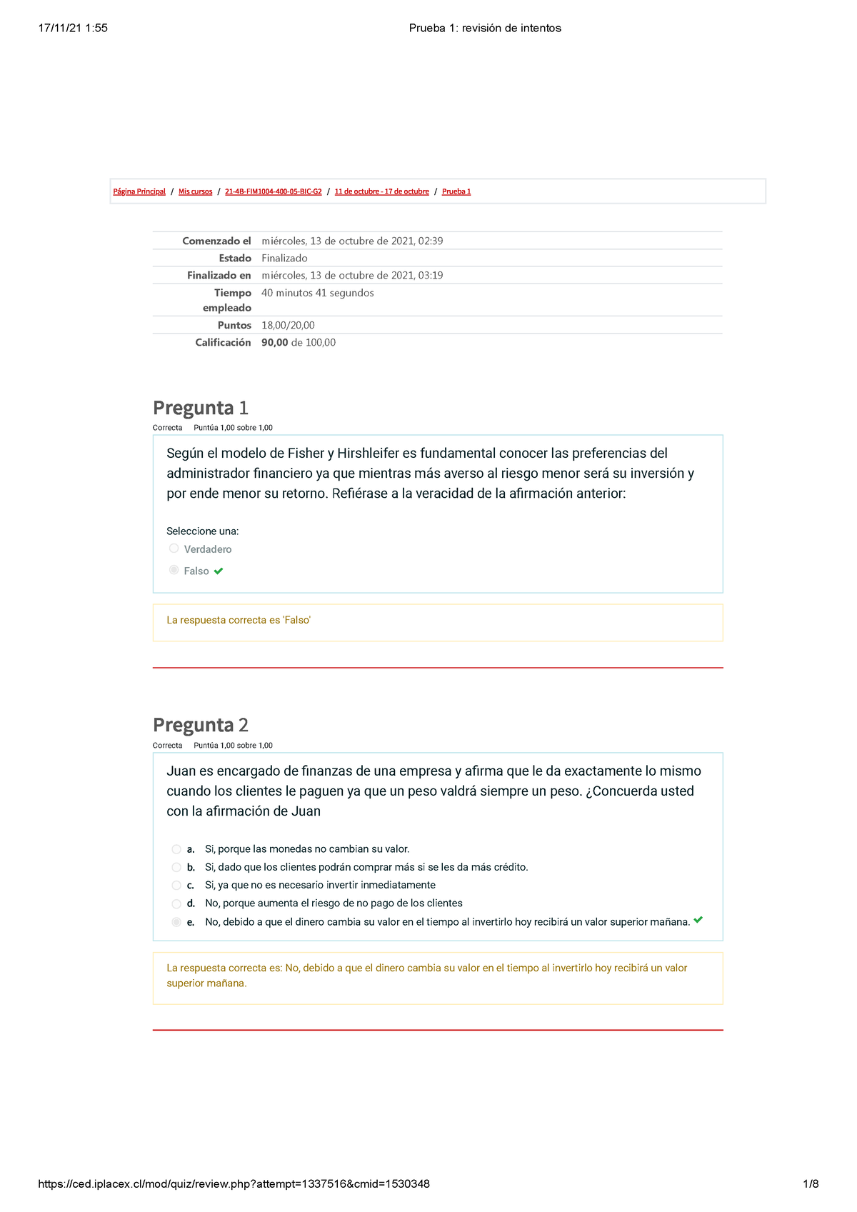 Prueba 1 Finanza - Página Principal / Mis Cursos / 21-4B-FIM1004-400-05 ...