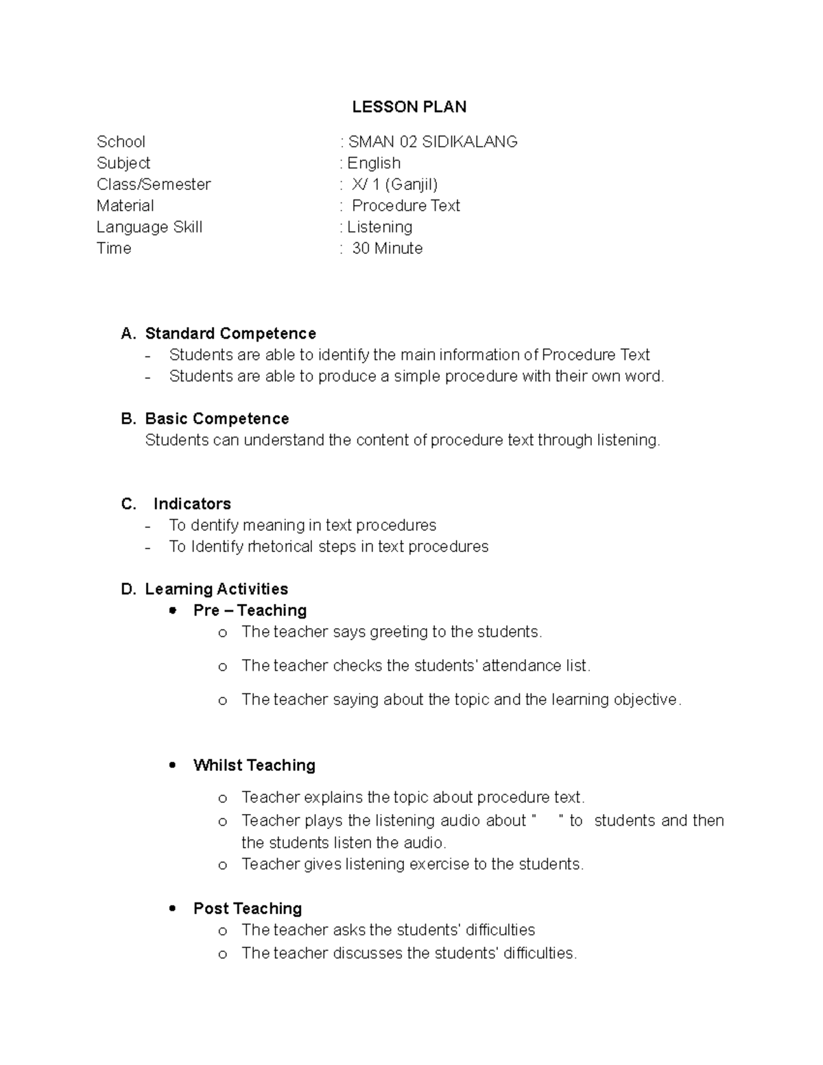 Lesson PLAN - LESSON PLAN School : SMAN 02 SIDIKALANG Subject : English ...