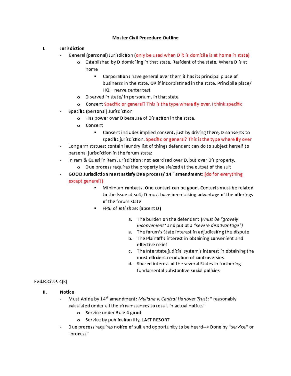 Master Civil Procedure Outline Jurisdiction General (personal